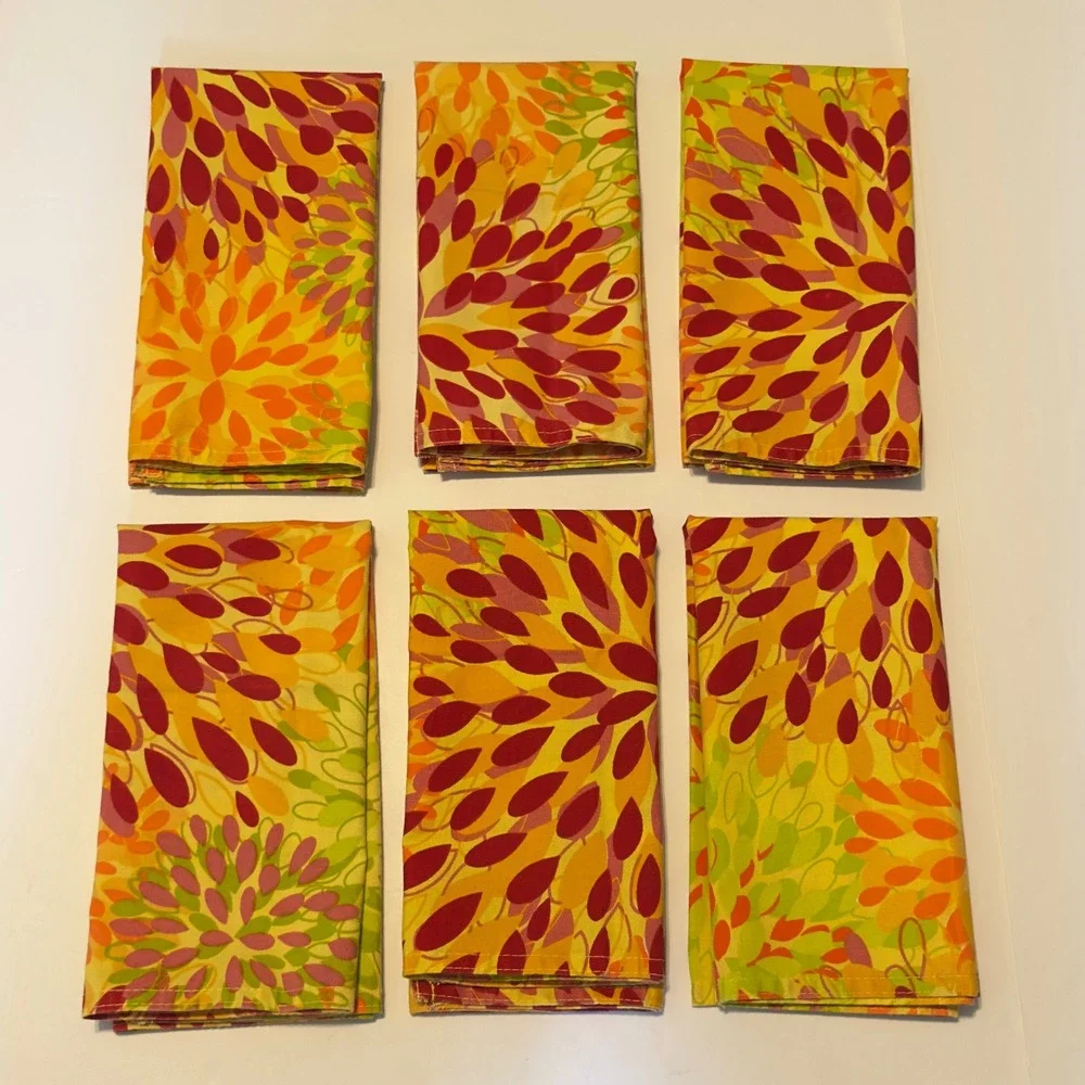 Fiesta Floral Cloth Napkins Set of 6 Yellow Orange Red Green Sunburst 18x18 Sq